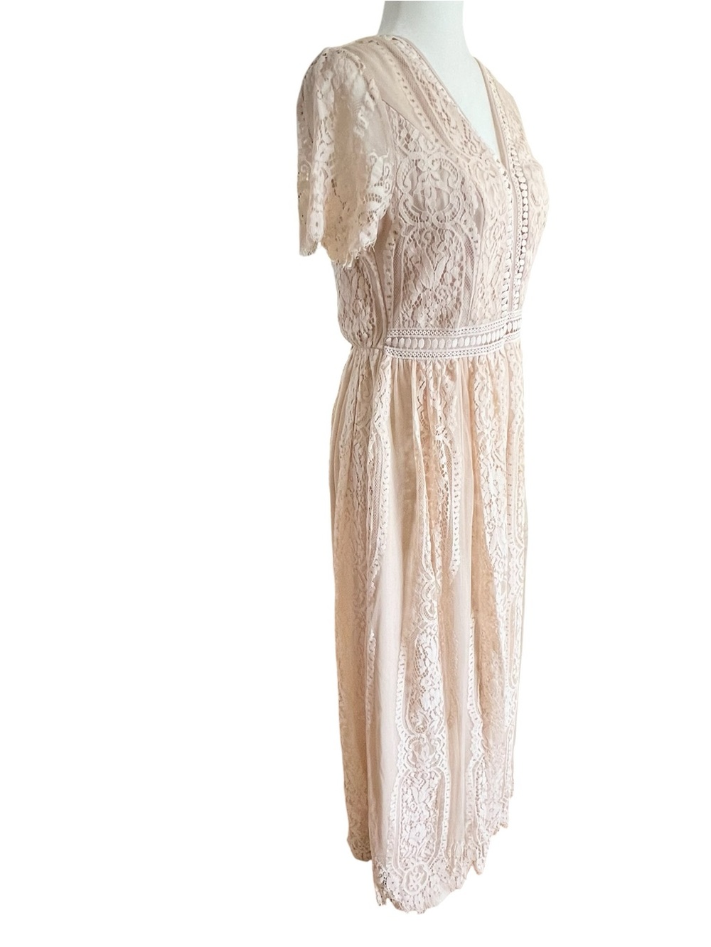 Elegant V-Neck Lace Maxi Dress in Blush - Picture 4 of 10